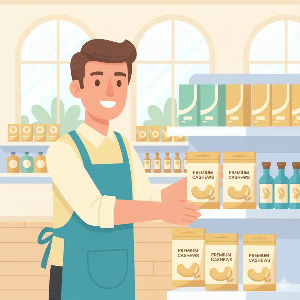 Flat vector illustration of a shopkeeper/retailer arranging premium cashew packs on shelves in a modern retail store. Bright, clean colors, minimal shading, professional business illustration style